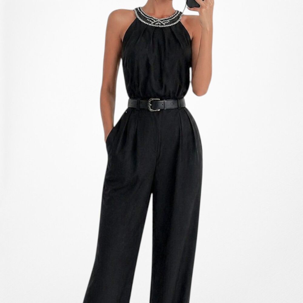 Vintage Y2K 90s Sleeveless Halter Neck Beaded Straight Leg Knit Jumpsuit Size M